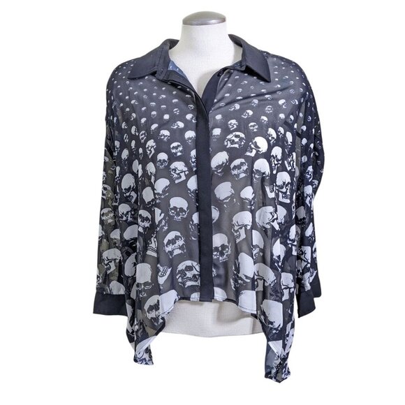 Killstar Womens Sheer Button Up Blouse Long Sleeve Size M Black Skull Print Goth - Picture 1 of 7